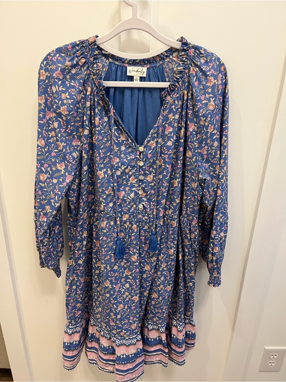 Wonderly Blue Floral Tassel-Peasant Long Sleeve Dress